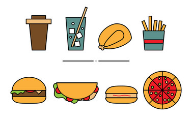 Set of flat geometric fast-food icons. Illustration of colored lemonade, roasted chicken, fries, coffee, pizza, hamburger, hot-dog, burrito isolated on white background