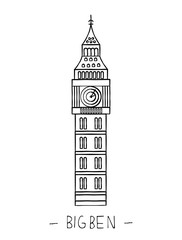 Vector illustration of London sights. London city symbol isolated on white background. Big Ben in line art style