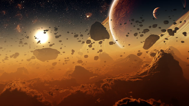  concept art of majestic distant planet environment with gas atmosphere asteroids and moons