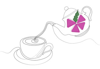 Tea party. One line drawing. Vector illustration.