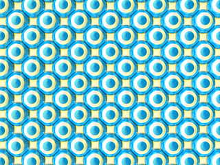 Symmetrically side by side distributed blue and white colored spheres on light yellow background - 3d illustration