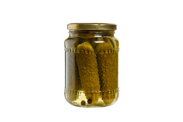 glass jar with cucumbers on a white background