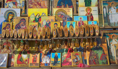 Various orthodox christian icons on display at market for sale