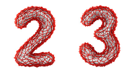 Number set 2, 3 made of red plastic 3d rendering