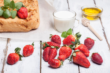strawberry, fruit cake, milk and honey