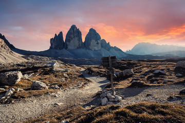 The iconic mountain Tre Cime in Italian Dolomites at sunset