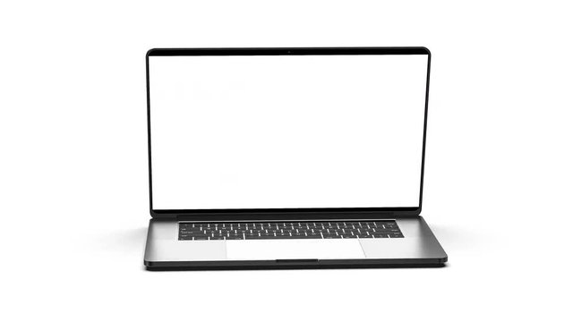 Laptop with blank screen isolated on white background. Whole in focus. 4K