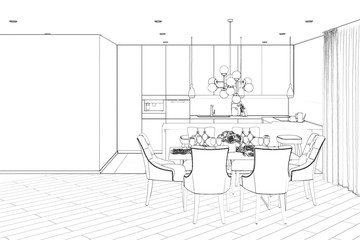 3d illustration. Sketch of the modern dining room
