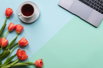 Blue background with flowers, cup of tea and laptop with copy space