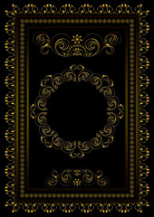 Vintage  gold frame with borders of swirling strips, leaves and stars with oval ornament in the center on a black background