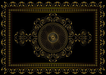 Vintage gold frame with interlocking oval ornament in the center and a border of curved strips with leaves and stars in a double frame on a black background