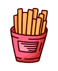 Vintage sketch illustration with doodle French fries on white background. Vector. Tasty fast food. Hand drawing.