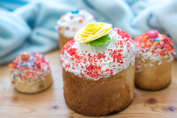 Easter Cake Russian and Ukrainian Traditional Kulich on wooden table