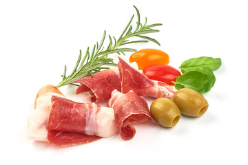 Jamon iberico, the best spanish ham tapas, close-up, isolated on white background