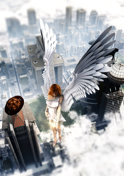 concept art of beautiful angel blessing a futuristic city 