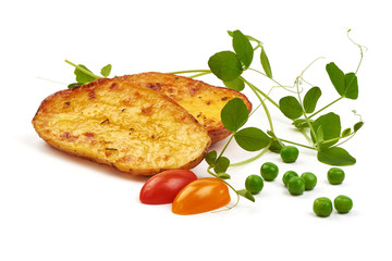 Baked potato wedges, fried potatoes, close-up, isolated on white background