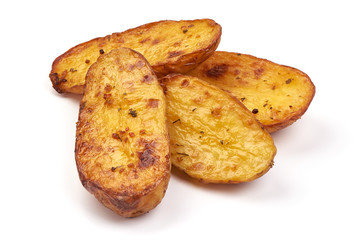 Homemade baked potato wedges, fry potatoes, close-up, isolated on white background