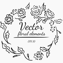 Wreath of flowers on a white background. Hand drawn vector illustration. Vector floral elements.