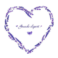 Gouache floral heart with lavender. Hand-drawn clipart for art work and weddind design.