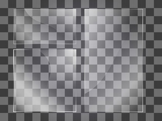 Set of clear glass plates. Vector glass banners on transparent background. Transparent elements. Plastic banners with reflection and shadow. 