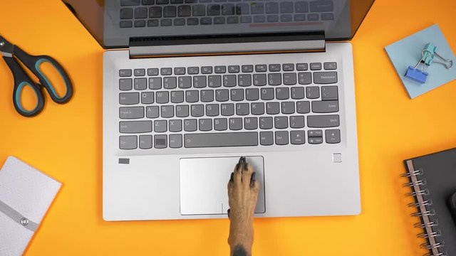Dog using his paw on a laptop computer touchpad. Desk top view