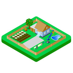 Isometric house and garden with tree, cabbage, tomato, sandbox  vector Illustration swimming pool