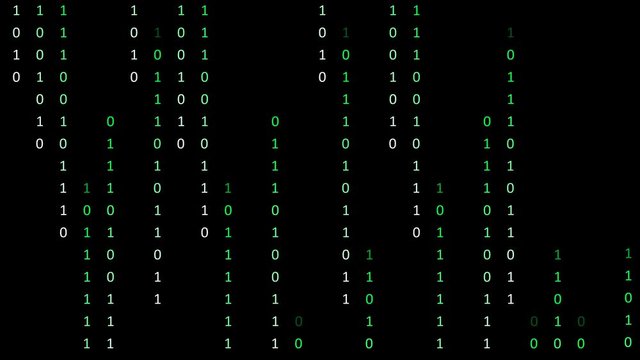 Binary code background with digits moving on screen. Algorithm binary, data code, decryption and encoding, row matrix seamless loop abstract background.