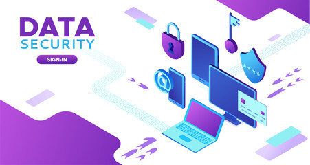 Data protection concept, cyber security 3d isometric vector illustration, firewall attack, phishing scam, information safety , laptop, computer, bank card