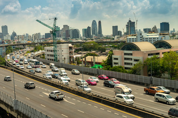 Cityscape and transportation with expressway and traffic in daytime from skyscraper of Bangkok. Bangkok is the capital and the most populous city of Thailand., April 2019