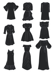 Set of summer dresses silhouettes, different models for all occasions, isolated on white background.