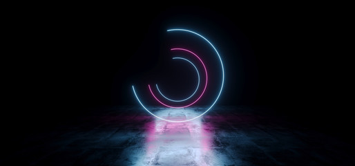 Fototapeta premium Elegant Circle Shaped Neon Fluorescent Retro Laser Led Show Stage Vibrant Blue Purple Glowing Lights In Underground Hall Grunge Concrete Glossy Cement Garage Tunnel 3D Rendering