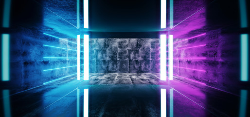 Neon Fluorescent Sci-Fi Grunge Cement Asphalt Concrete Underground Garage Virtual Modern Dark Empty Clean Reflective Room Purple Blue Glowing Lights And Empty Space 3D Rendering