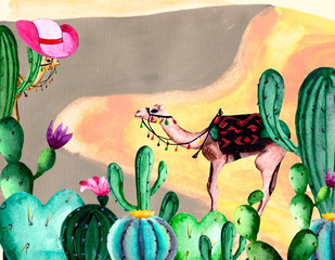 Watercolor collection of cactus and a pair of camels with a bright blanket. Illustration with space for your advertising slogan, quote or invitation.