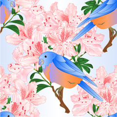 Seamless texture Small  bird Bluebird  thrush and light pink rhododendron branch  vintage vector illustration editable hand draw