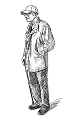 Sketch of an old citizen waiting at the bus stop