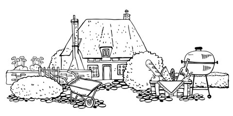 Old stone Europe countryhouse with plants, gardening tools, picnic basket anf grill. Vector sketch hand drawn illustration. Outline house facade, fence, watering can and boots on white background