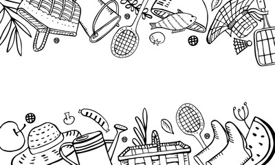 Rectangular frame with picnic, summer eating out, gardening  and barbecue objects on top and bottom. Outline vector sketch illustration black on white background