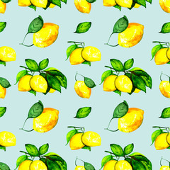 Watercolor illustration. Seamless pattern of juicy  yellow lemons with bright green leaves.