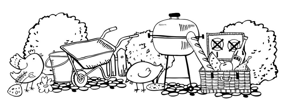 Picnic basket with food, birds, wheelbarrow, grill and bushes. Outline vector sketch illustration black on white background