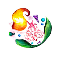 Watercolor illustration of the sea Treasury : mermaid, seashells, starfish, corals, algae and pearls. Postcard for congratulations, invitations or thematic stories