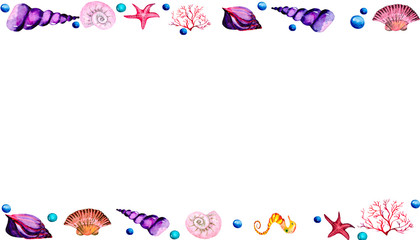 Watercolor illustration of a frame of sea treasures: seashells, starfish, corals, algae and pearls.