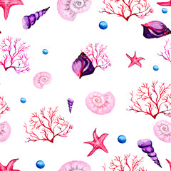Watercolor seamless pattern with the marine world: shells, corals and algae on a white background.