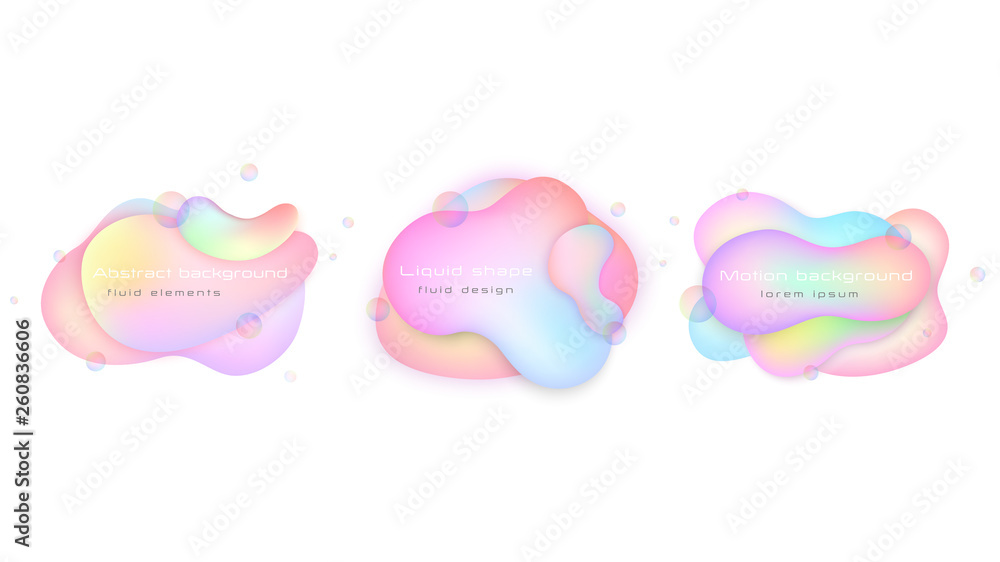 Poster set of liquid elements soft colors with transparent bubble blowers. fluid colorful shapes. eps 10.