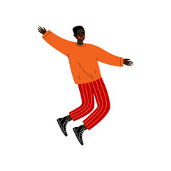 Happy African American Guy Jumping, Young Man in Casual Clothes Celebrating Important Event, Dance Party, Friendship, Sport Concept Vector Illustration