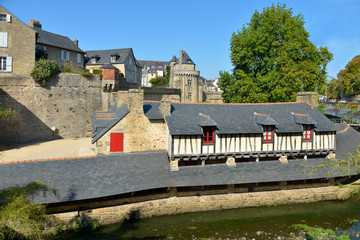 Wash house on the bank of Marle river and Castle at Vannes, a commune in the Morbihan department in Brittany in north-western France