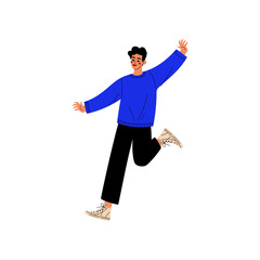 Happy Young Man Jumping, Guy Celebrating Important Event, Dance Party, Friendship, Sport Concept Vector Illustration