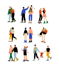 Happy Gay and Lesbian Couples Set, Homosexual Family Couples and Their Kids, Romantic Homosexual Relationship Vector Illustration