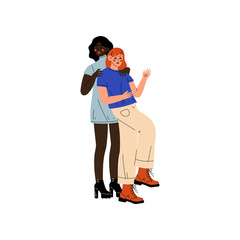 Interracial Lesbian Couple, Two Happy Women Hugging, Romantic Homosexual Relationship Vector Illustration