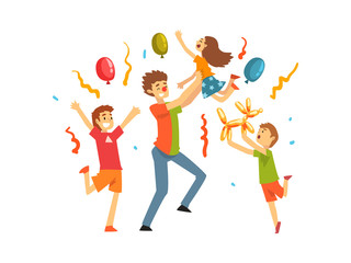 Cute Kids Celebrating Party, Happy Children Having Fun with Clown at Birthday, Carnival Party or Circus Performance Vector Illustration