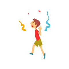 Cute Happy Boy Having Fun at Birthday, Carnival Party or Circus Performance Vector Illustration
